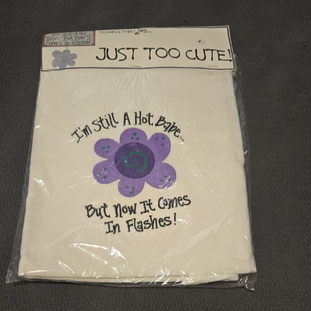 White Kitchen Towel with Menopause Message and Purple Flower Design